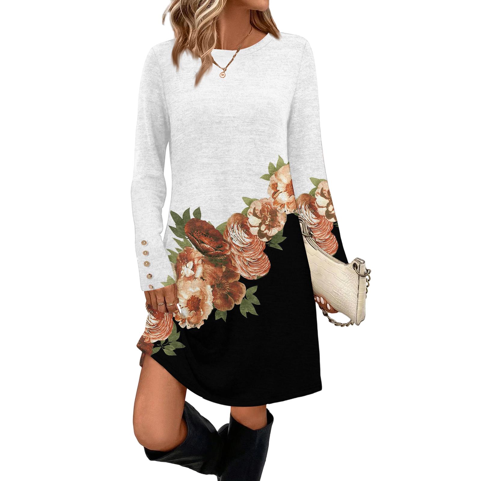 

Женское модное повседневное платье с карманом, декоративными пуговицами, круглым вырезом и длинными рукавами XL