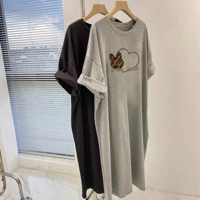 Dress Summer Loose Casual Thin Short Sleeve T-Shirt Skirt Over Knee Belly Cover Thin Long Dress