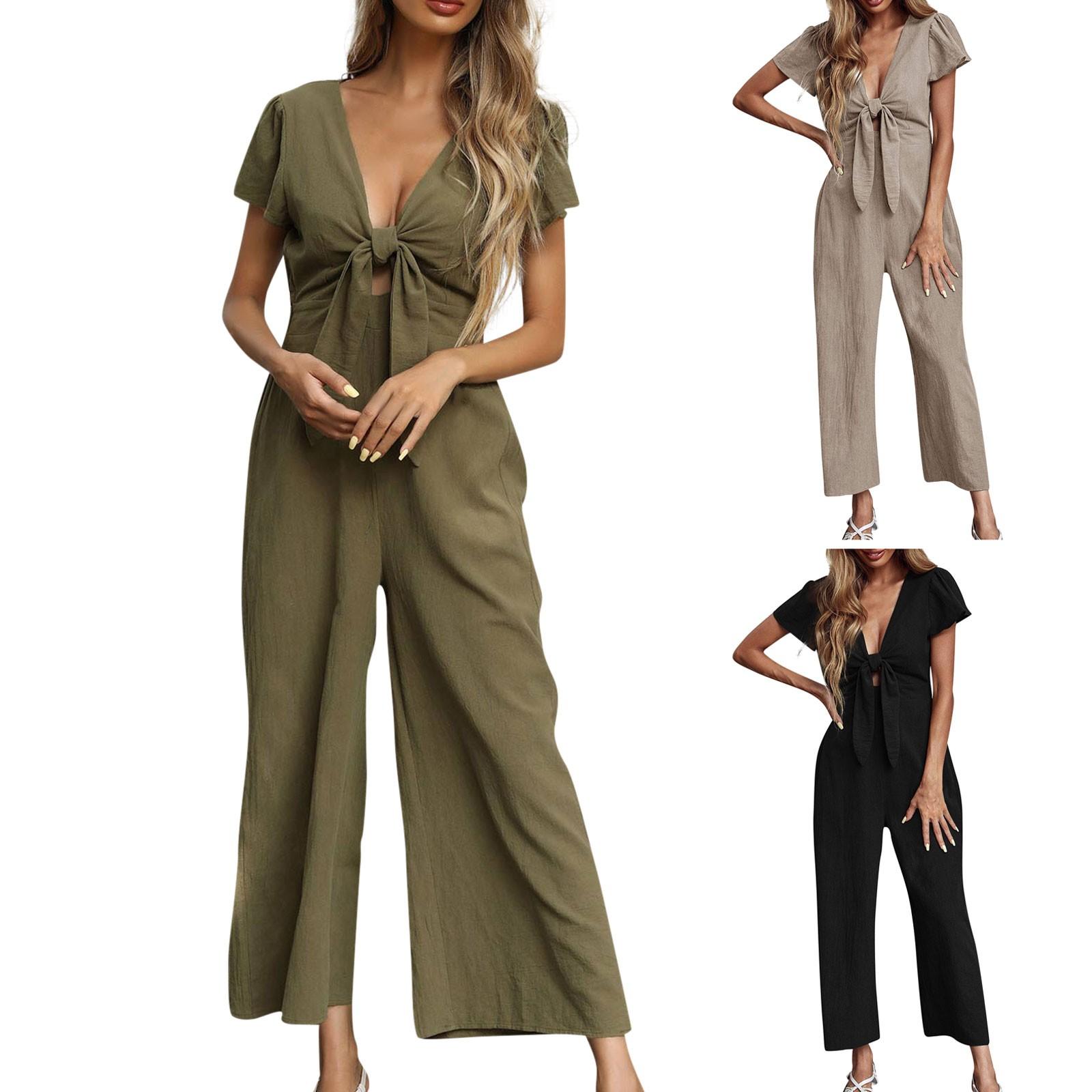 

(Куниде) Женский летний комбинезон из хлопка и льна с короткими рукавами и бантом, однотонный, с v-образным вырезом и широкими штанинами