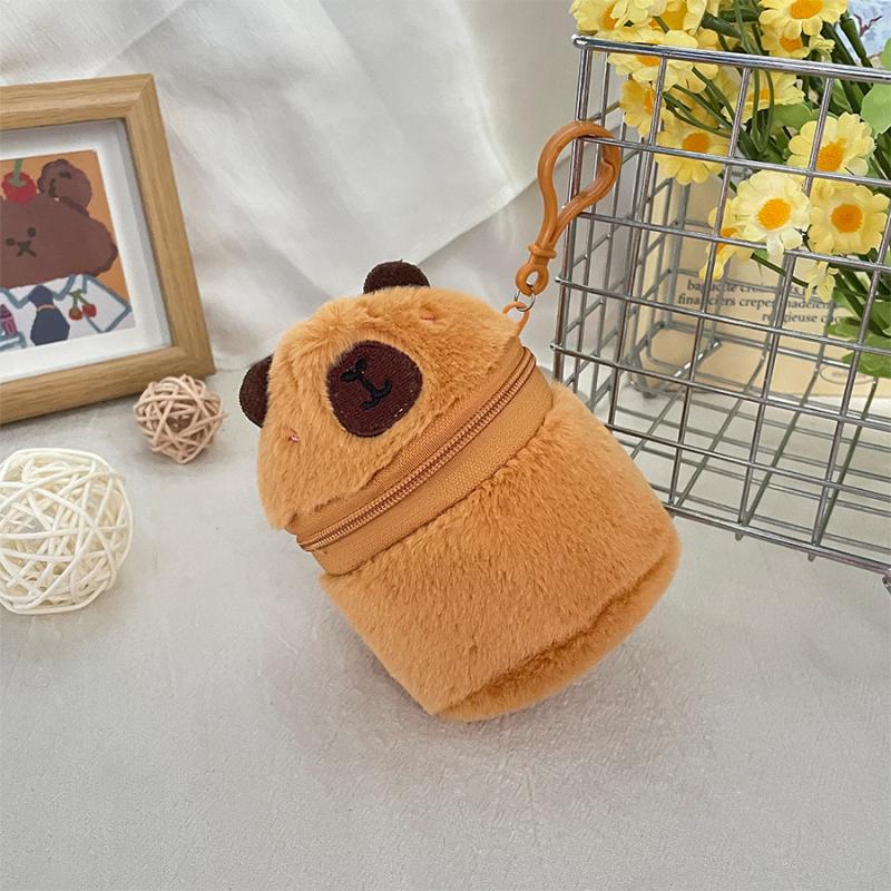 Cute Plush Capybara Zipper Coin Purse Cylindrical Wallet Earphones Lipstick Storage Bag Creative Plush Doll Pendant Girls