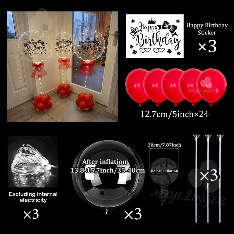LED transparent bobo balloon light string (no battery) with happy birthday sticker, birthday party decoration, photo props