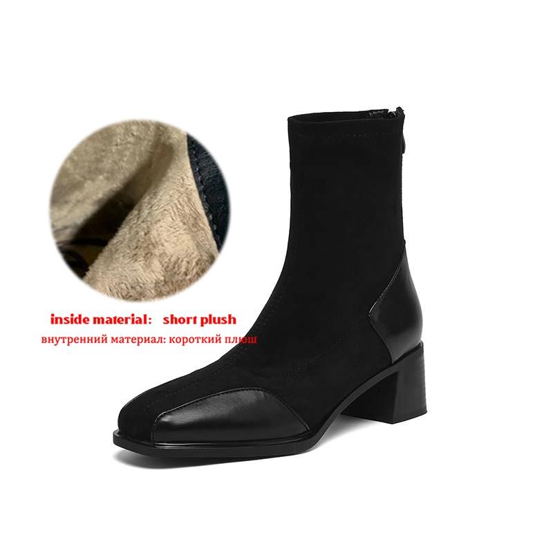 

Krazing Pot Микрофибра Флок Зимние Квадратный Носок Современный Размер 33 Сапоги Размер 43 Лоскутная работа офисная леди Толстый Высокий Каблук Молния Женские Ботильоны 43