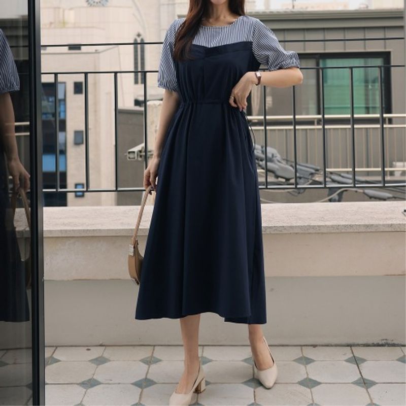 

Dongdaemun Plus Size Women s Clothing Chubby Girl round Neck Stripes Short Sleeve Stitching Short Sleeve Mid Length Long Length Waist Tight Dress Tide Dark blue 4XL