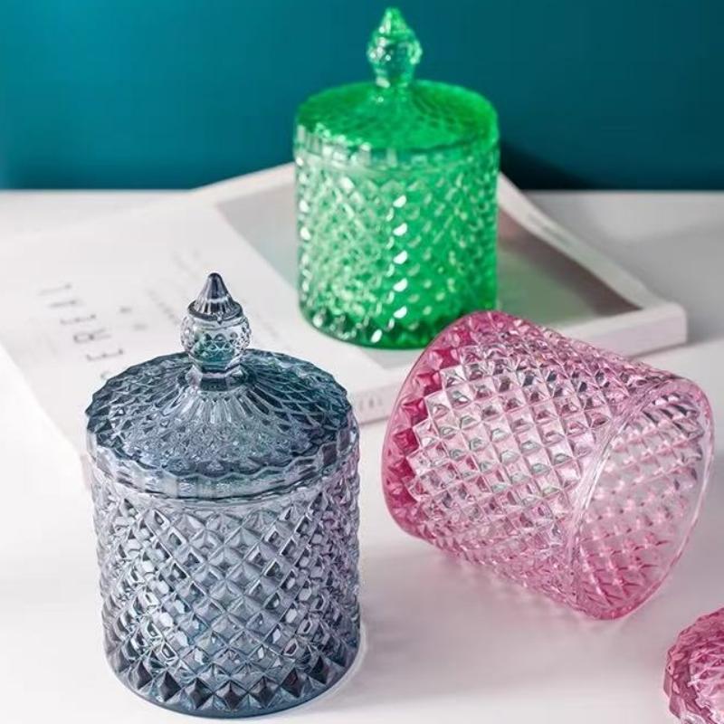 European Multicolor Crystal Glass Storage Jar,Candy Glass Jar with Lid Aromatherapy Candlestick Swab Container Home Decoration