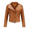 Punk Style Jackets for Women Faux Leather Lapel Tie Belt Motorcycle Short Coat Long Sleeves Zipper Outwear Bomber Tops