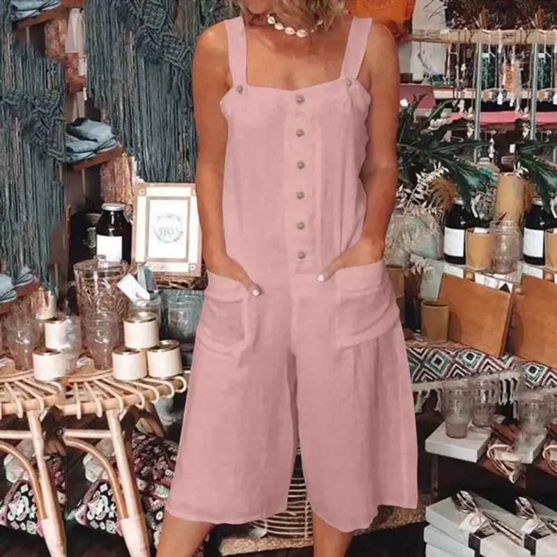 

European and American New Women clothes Solid Strap Cropped Pants Pocket Button Casual Jumpsuit Casual Jumpsuit Pink L