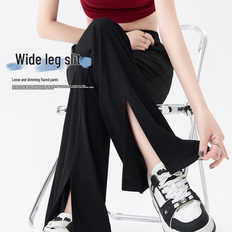 Women s High-Waist Slit Flare Stretch Black Pants L