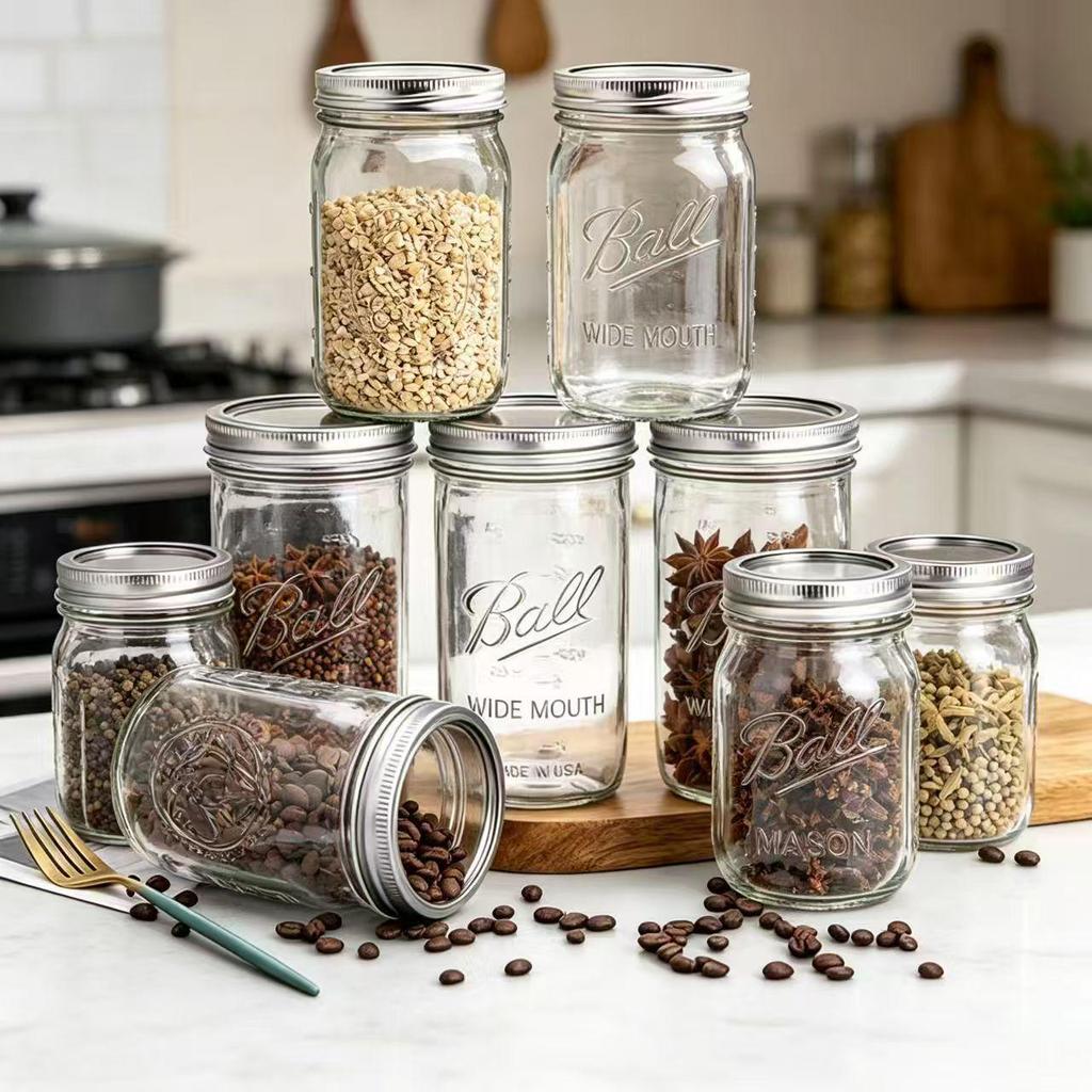 Retro Mason Glass Storage Jar with Lid - Food Grade Transparent Kitchen Container