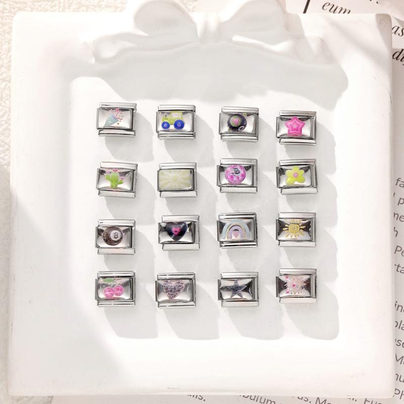 Y2K Colorful Charm Sun Leopard Heart Star Ball Fruit Flower Italian Charm Links Fit 9MM Stainless Steel Bracelet DIY Making Gift