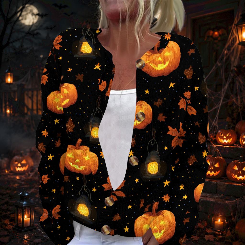 Dámský podzimní svetr s dlouhým rukávem, halloweenským potiskem a zapínáním na knoflíky pro sváteční nošení