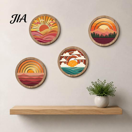 Easy Install Wall Art Set 4Pcs Boho Sunset Art, Abstract Landscape Round Hanging Ornaments, Lightweight Wood Photo Background Wooden Decor for Living