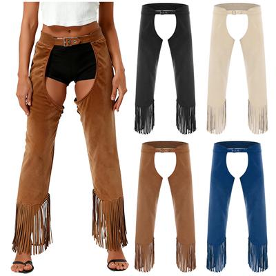 S-3XL Damen Vintage Cowgirl Chaps Verstellbare Schnallen Offener Schritt Gespaltene Fransen Wildlederhosen für Halloween-Mottoparty Cosplay