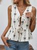 Colete Elegante Feminino Slim Fit Decote V Sem Mangas Estampado com Laço