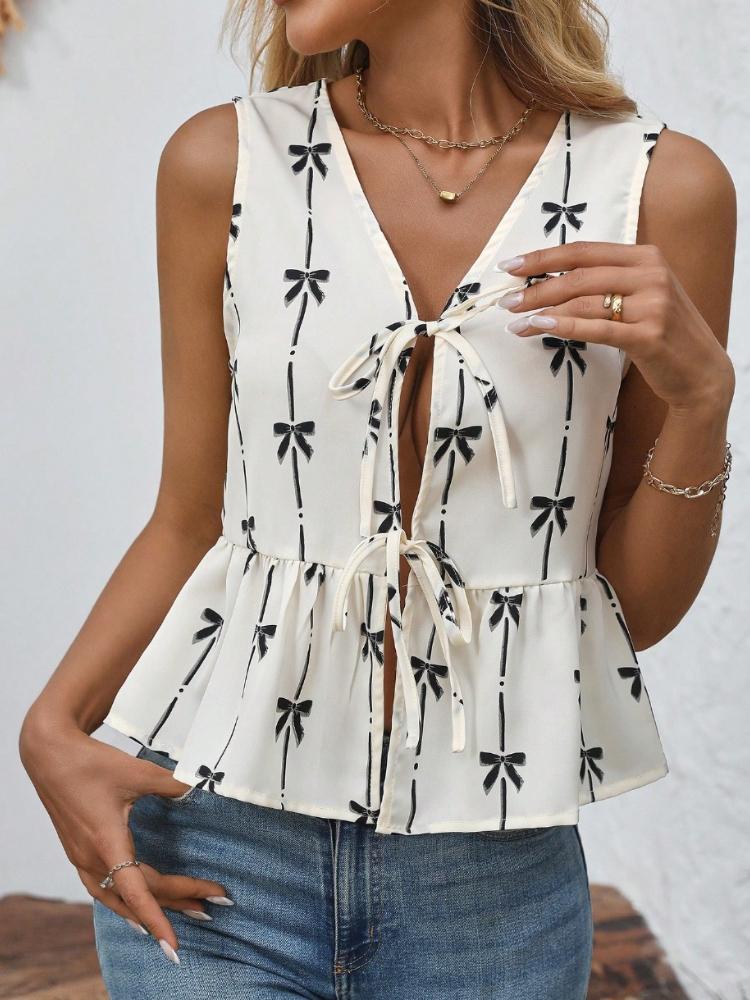 Ladies' Elegant Slim Fit V-neck Bow Printed Sleeveless Vest