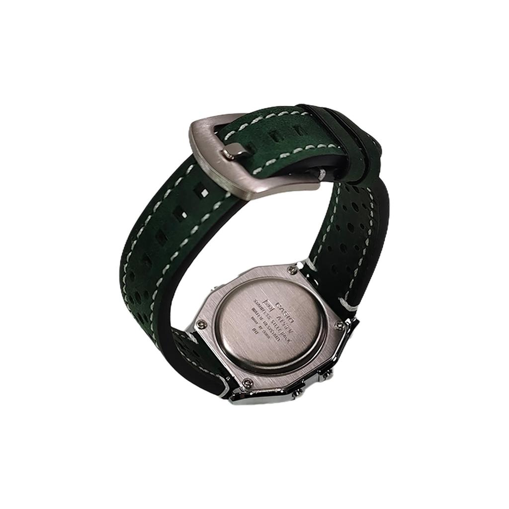 CASIO Custom Collection Quartz Movement Leather Strap Watch Unisex Green Dial A158WA-1(Watch1100--)