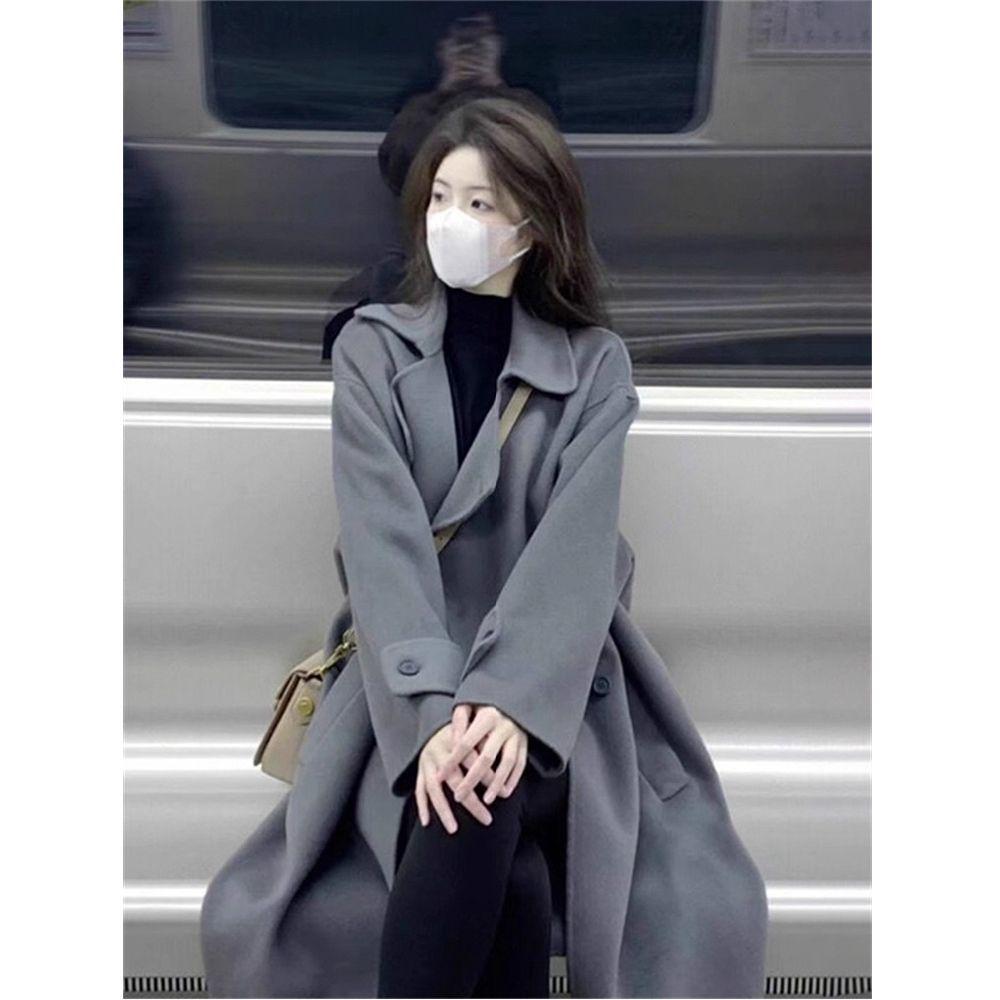 Women's Plus-Size Grey Wool Mid-Length Coat - Autumn Winter Thick Korean Hepburn Style