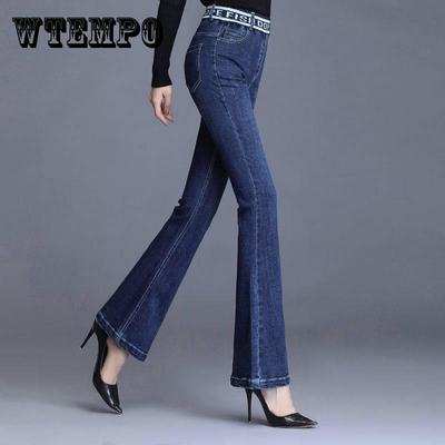 Women Mid Waisted Denim Jeans Denim Pants Pocket Stretch Button Bell-Bottom Pants Jeans Plus Size
