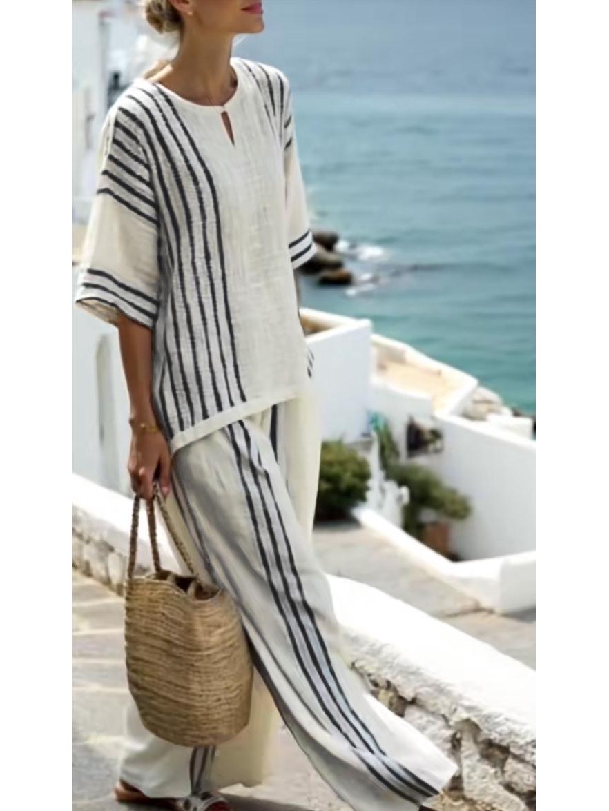 

Женский комплект из 2 предметов в евро-американском стиле 2025 года: топ из льна и хлопка в полоску с круглым вырезом и повседневные брюки S