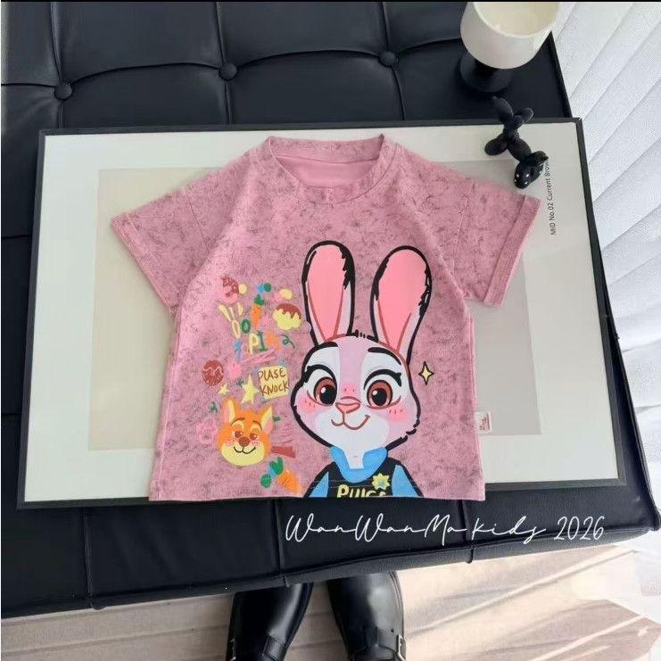 Girls Pink Summer Short Sleeve T Shirt with Bunny Print 90