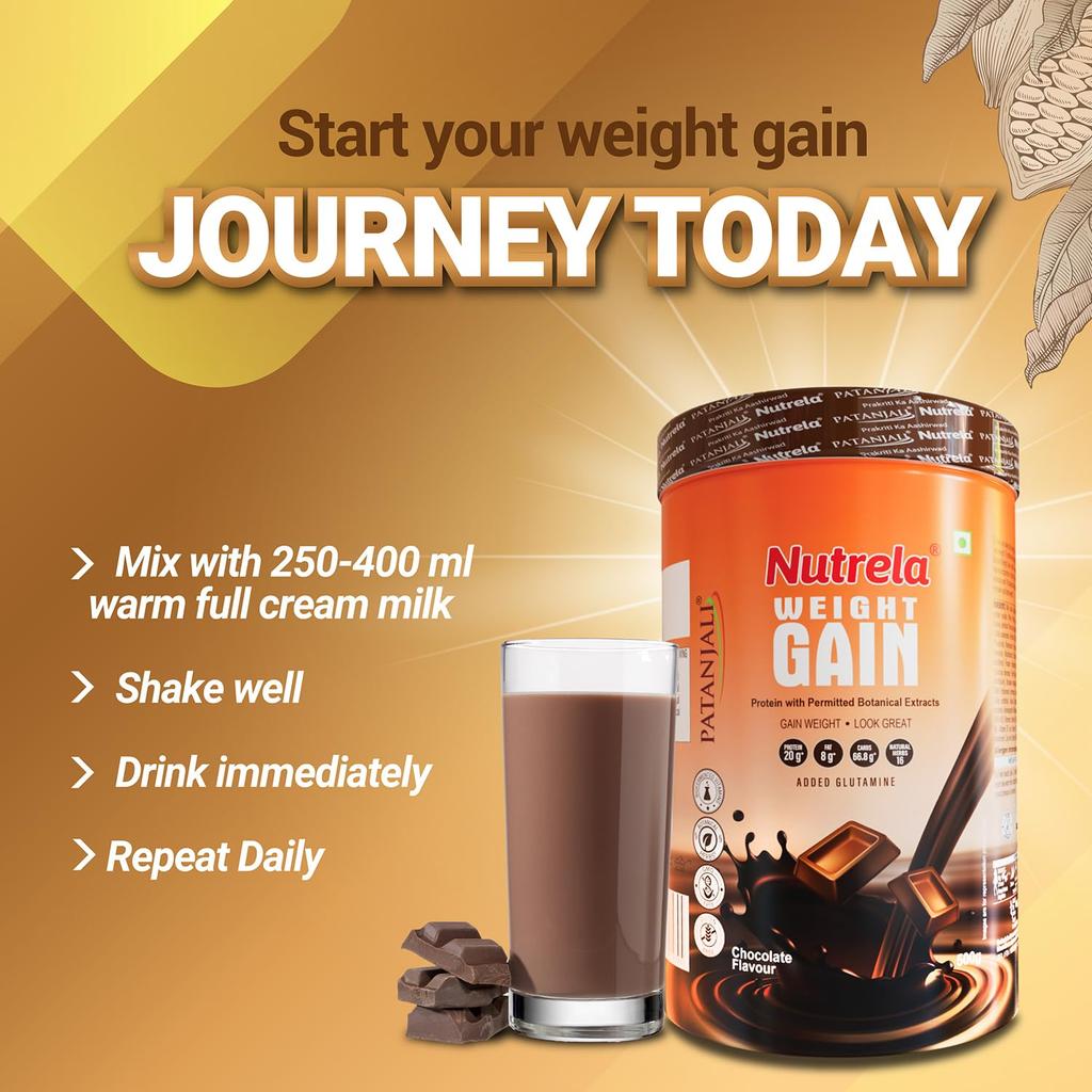Nutrela Weight Gainer Chocolate Flavour 500 g High Calorie Mass Gainer Protein Powder For Weight Gain And Muscle Support
