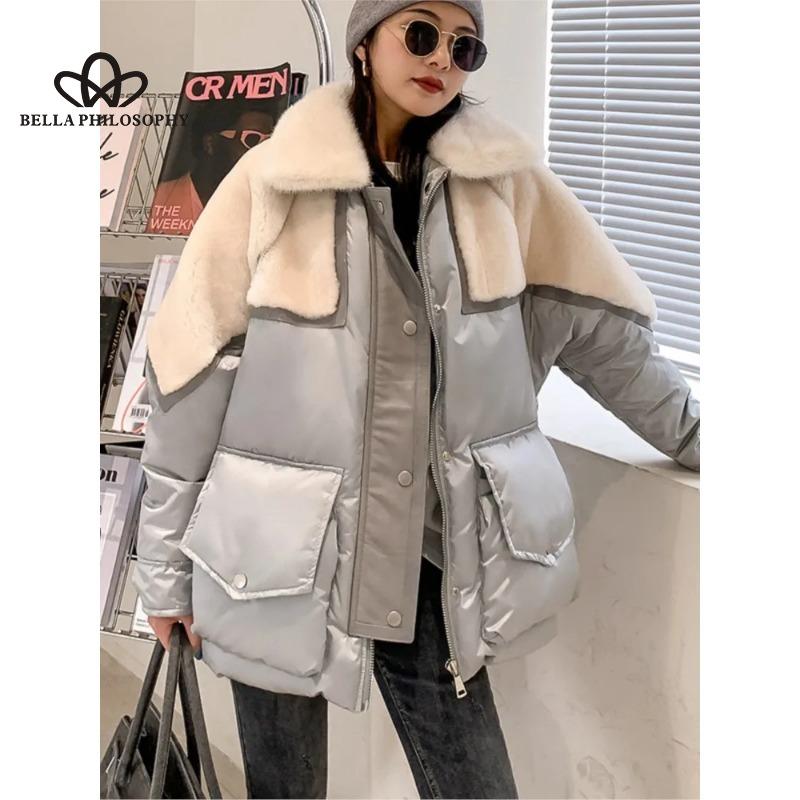 

Новый пуховик женский лоскутный двусторонний мех норки искусственный воротник парка средней длины повседневные пальто на белом утином пуху L серый