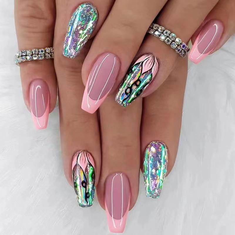

24-Piece Medium Flashy French Manicure: Baby Pink Floral Press-On Nails