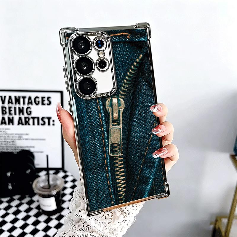 Retro Zipper Jeans Pattern Soft Phone Case For Samsung Galaxy S26 Ultra S25 Edge S24 FE S23 Plus S22 S21 + S20 Plating Anti-Fall
