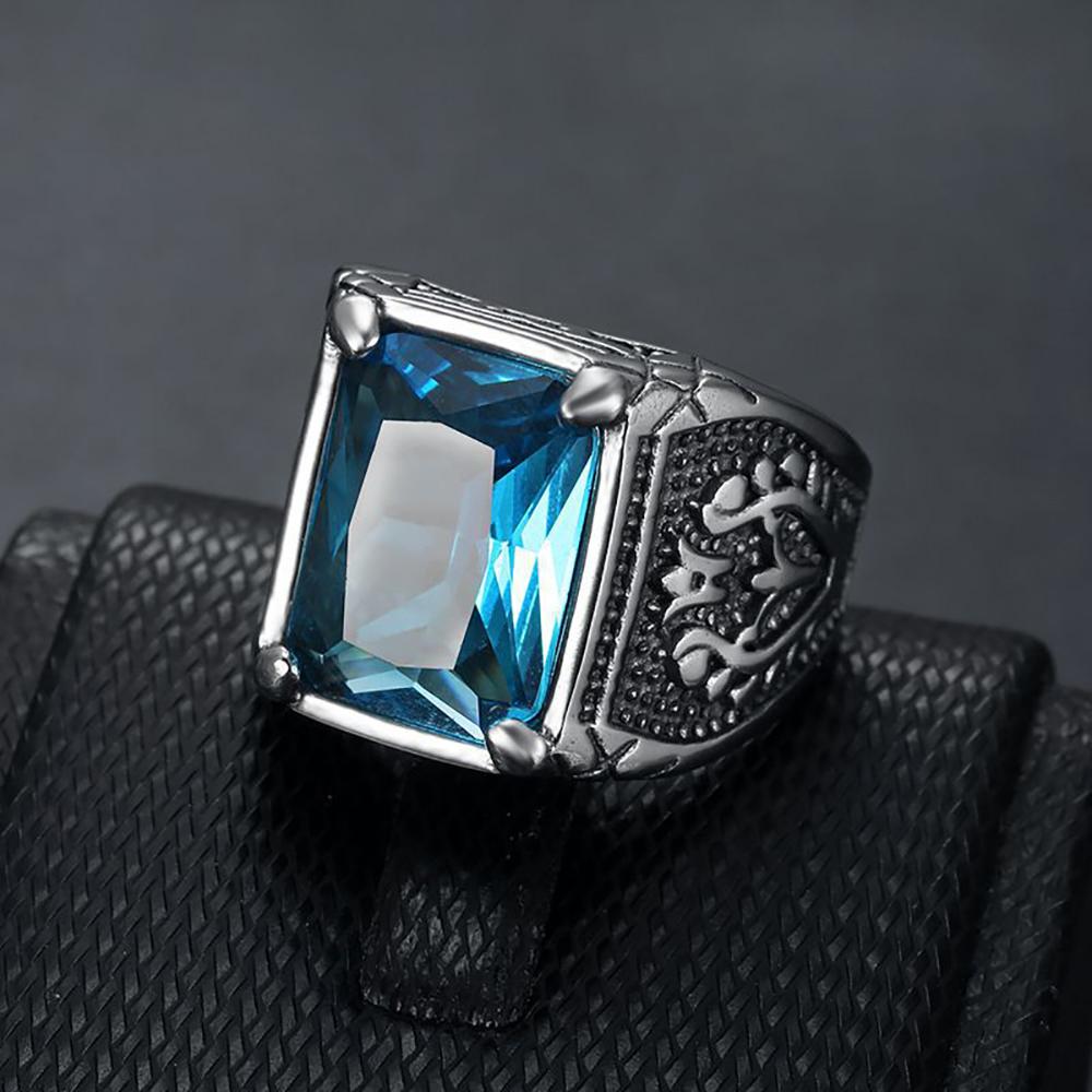 Vintage Big Green/Black/Red/Blue Color Stone Rings for Men Stainless Steel Fashion Punk Handmade Carved Tulip Ring Party Jewelry