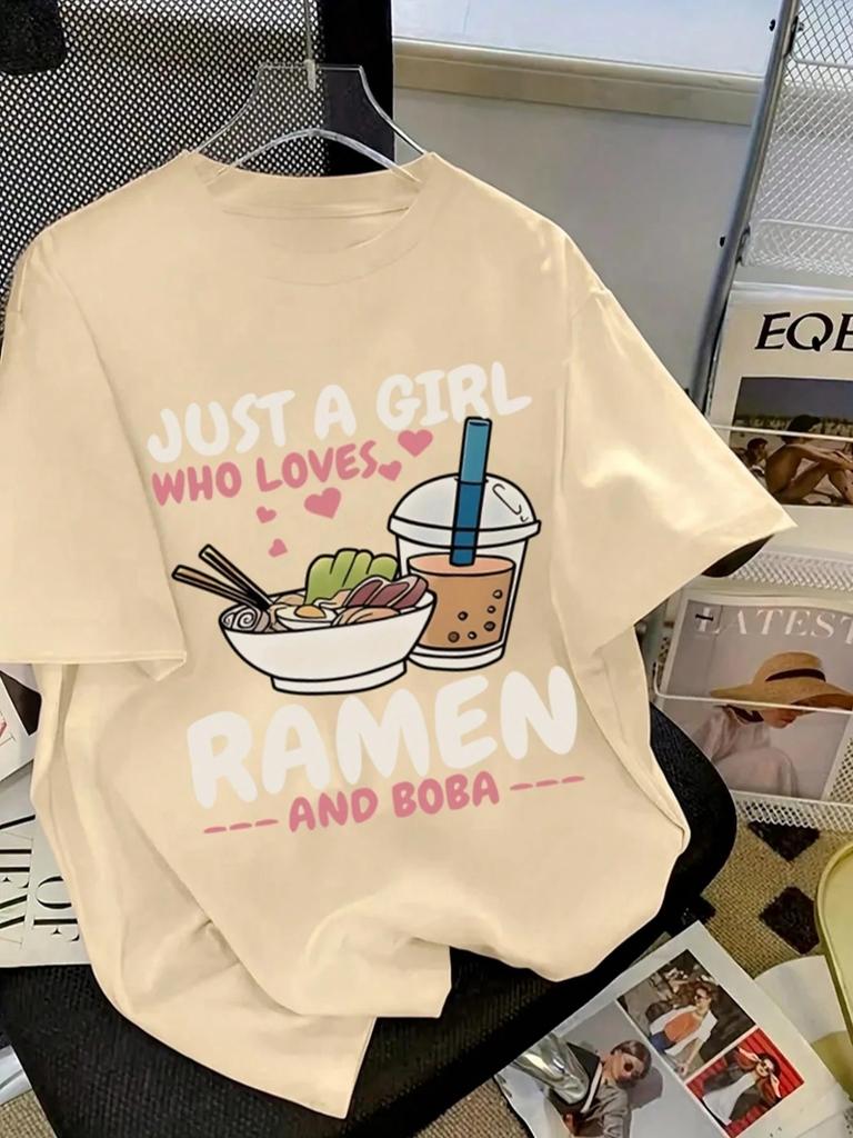 Loves Ramen And Boba Printing T-Shirt Women Cotton Summer T Shirt Comfortable Soft O-Neck Oversized Tops Basic Womans Clothes