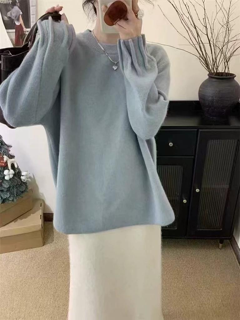 Crew Neck Retro Cuff Pleated Knitted Sweater Women's Autumn and Winter New Versatile Loose Soft Waxy Solid Color Pullover Sweater