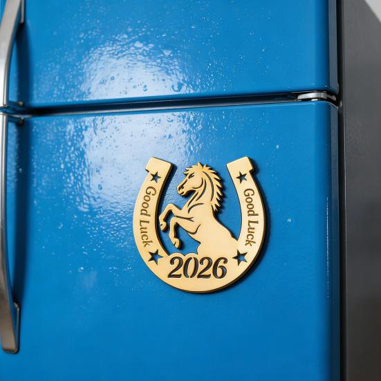 1/2/3Pcs 2026 Year of The Horse Fridge Magnet Rustic Wooden Auspicious Horseshoe Fridge Magnet Chinese New Year Home Office Kitchen Decoration