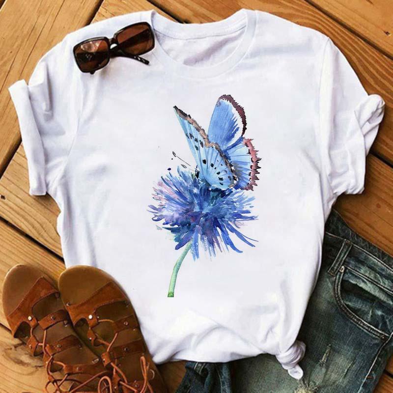 Summer Butterfly Print Plus Size Loose Round Neck Pure Cotton Short Sleeved Top T-Shirts Women’s Tees