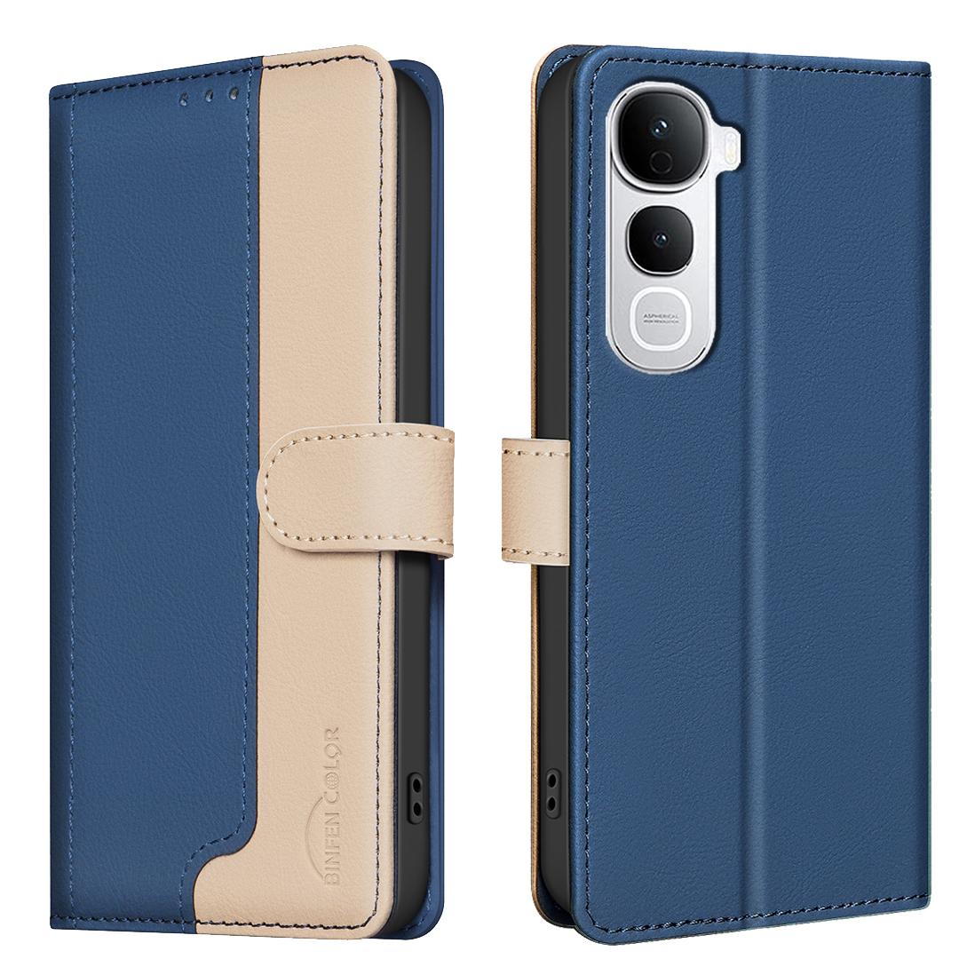 

For vivo Y400 Pro 5G Leather Case BINFEN COLOR Splicing Color RFID Blocking Wallet Stand Phone Cover Blue
