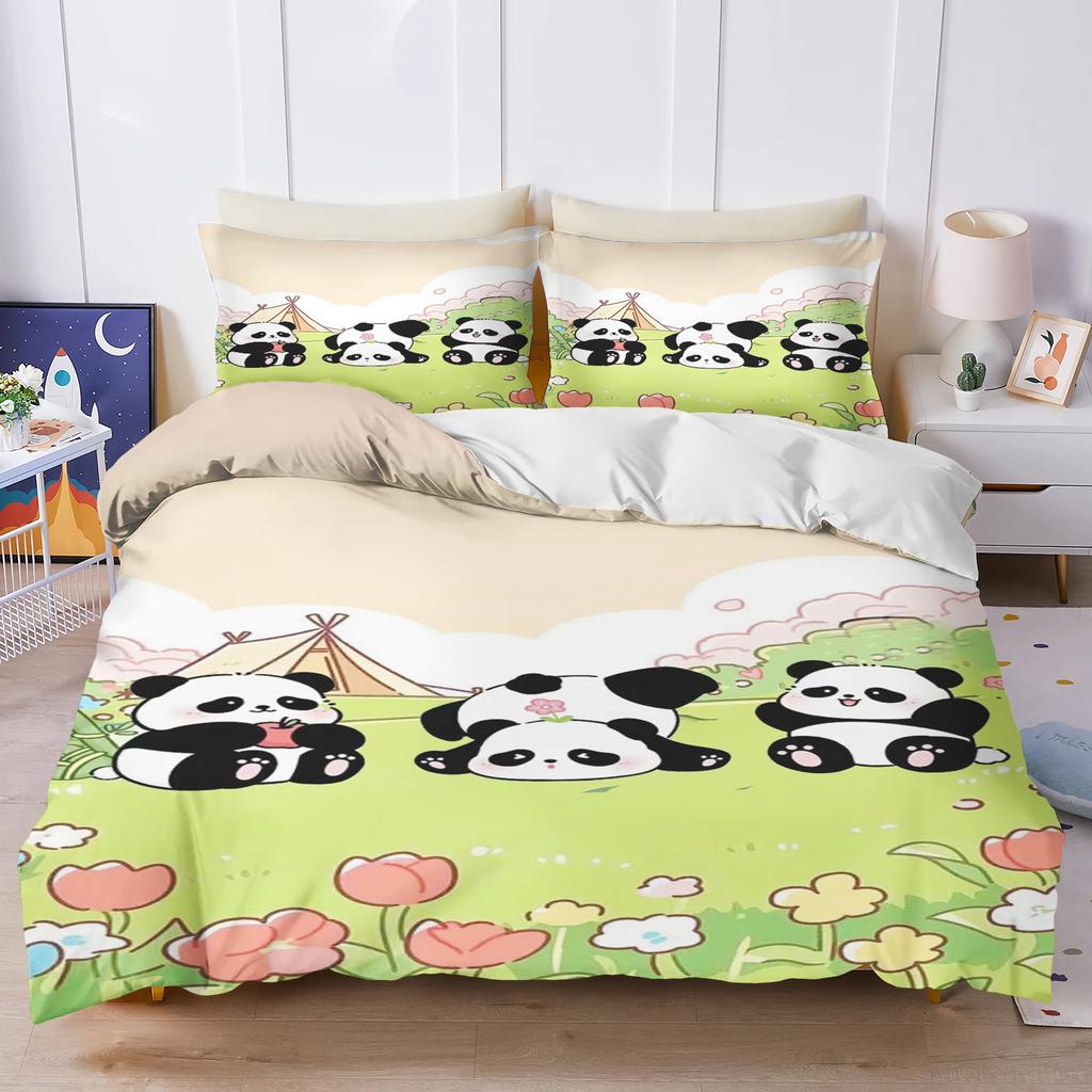 Panda Schattig Bedrukt Cartoon 3-Delige Eendelige Beddengoedset Comforte Luxe Exquise Verjaardagscadeau Polyester Huisdecoratie Dekbedovertrek
