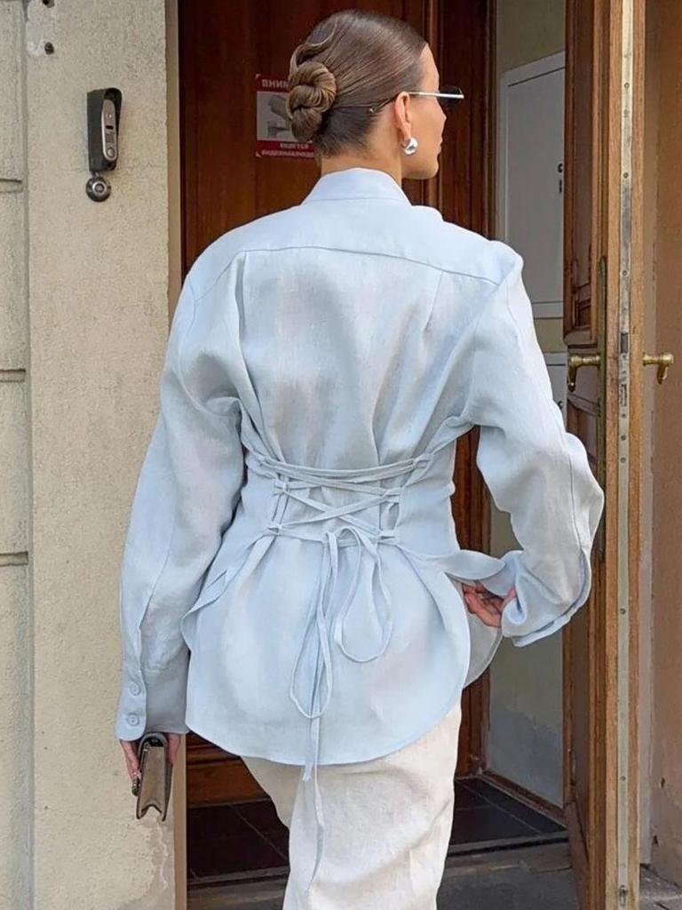 Elegant Women's Lace-Up Woven Shirt - Spring/Autumn French Casual Style