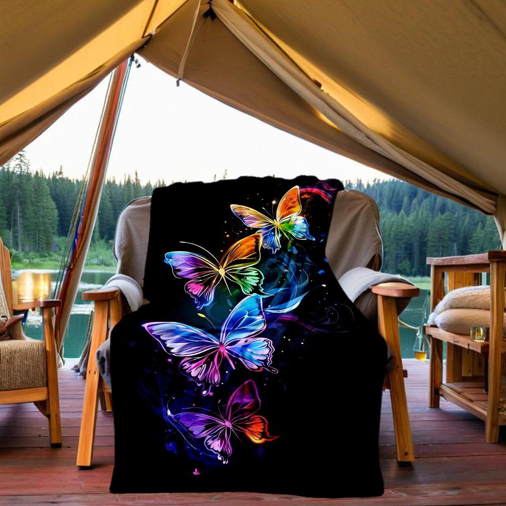 1pc Butterflies, Rainbow Flannel Blanket, Comfortable and Warm Blanket, for Camping Sofa Bed and Couch Office046