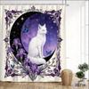 Mystical Cat Shower Curtain 180x180cm Crescent Moon with Black Cat, Floral Butterfly Night Design, Boho Bathroom Decor, 12 Hooks