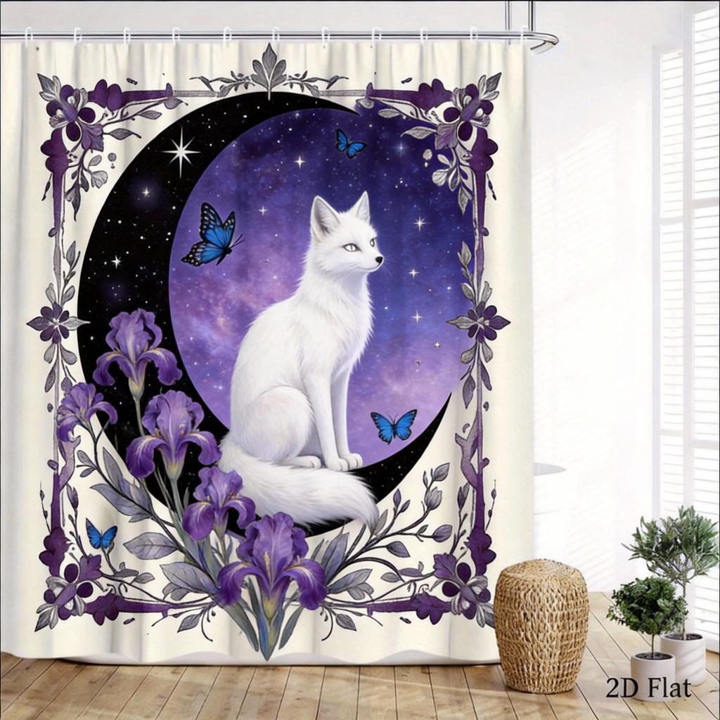 Mystical Cat Shower Curtain 180x180cm Crescent Moon with Black Cat, Floral Butterfly Night Design, Boho Bathroom Decor, 12 Hooks