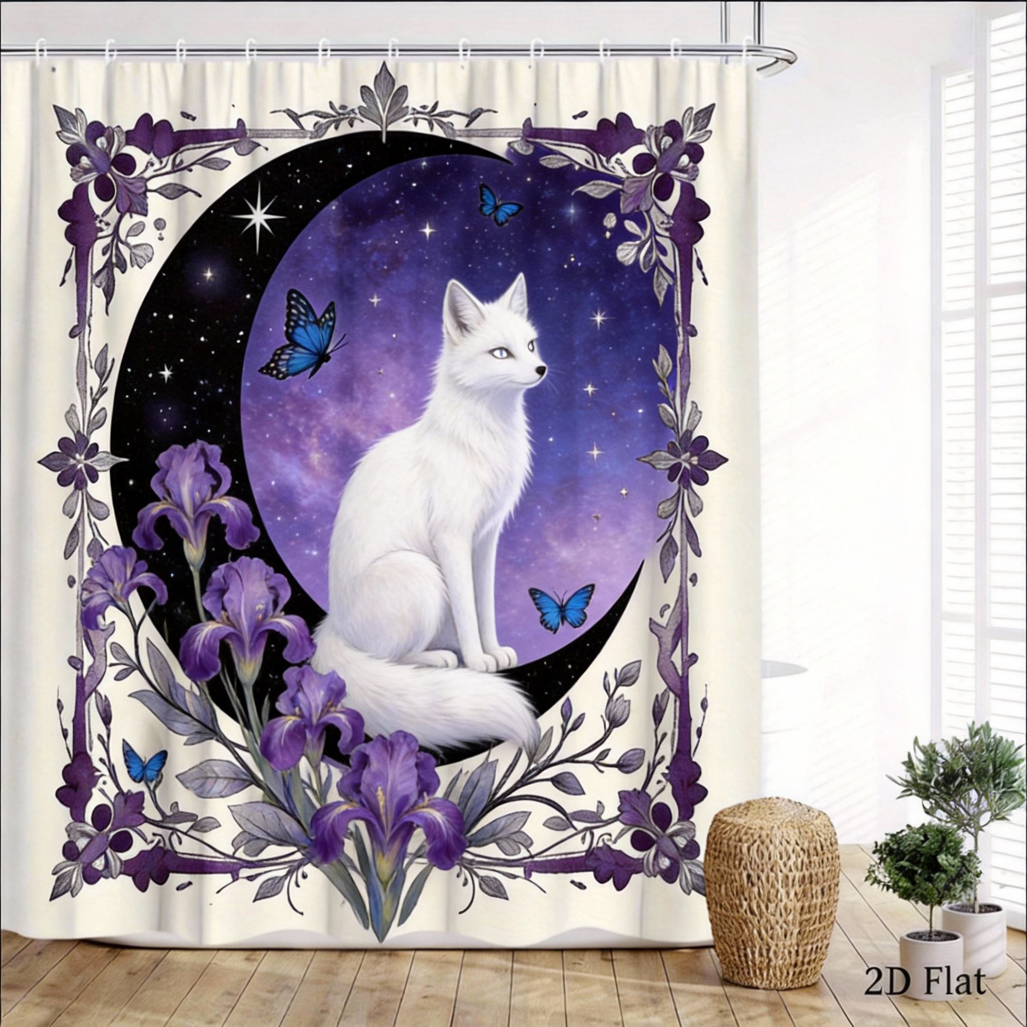 

Mystical Cat Shower Curtain 180X180Cm Crescent Moon With Black Cat, Floral Butterfly Night Design, Boho Bathroom Decor, 12 Hooks W60H190(CM)-1 Pcs