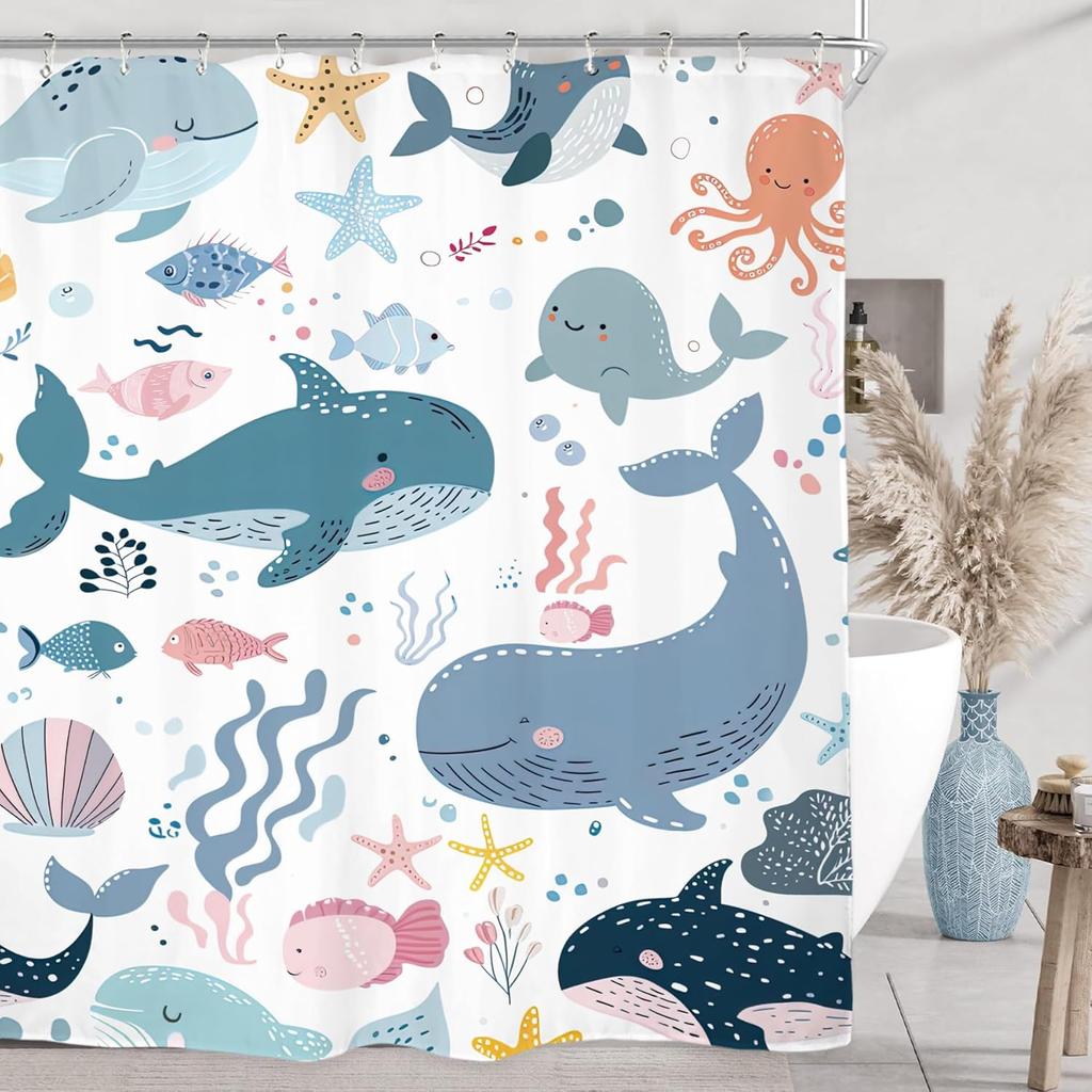 Cartoon Shower Curtain Ocean Animals Blue Whale Tropical Fish Lion Plantes Kids Bathroom Decor Polyester Bath Curtain with Hooks