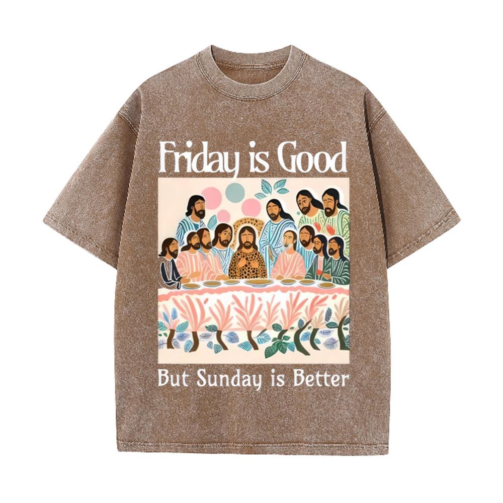 2026 Vintage Washed T Shirt Men Christian Faith Graphic Tees Friday Is Good But Sunday Is Better Casual Loose Crew Neck Short Sl