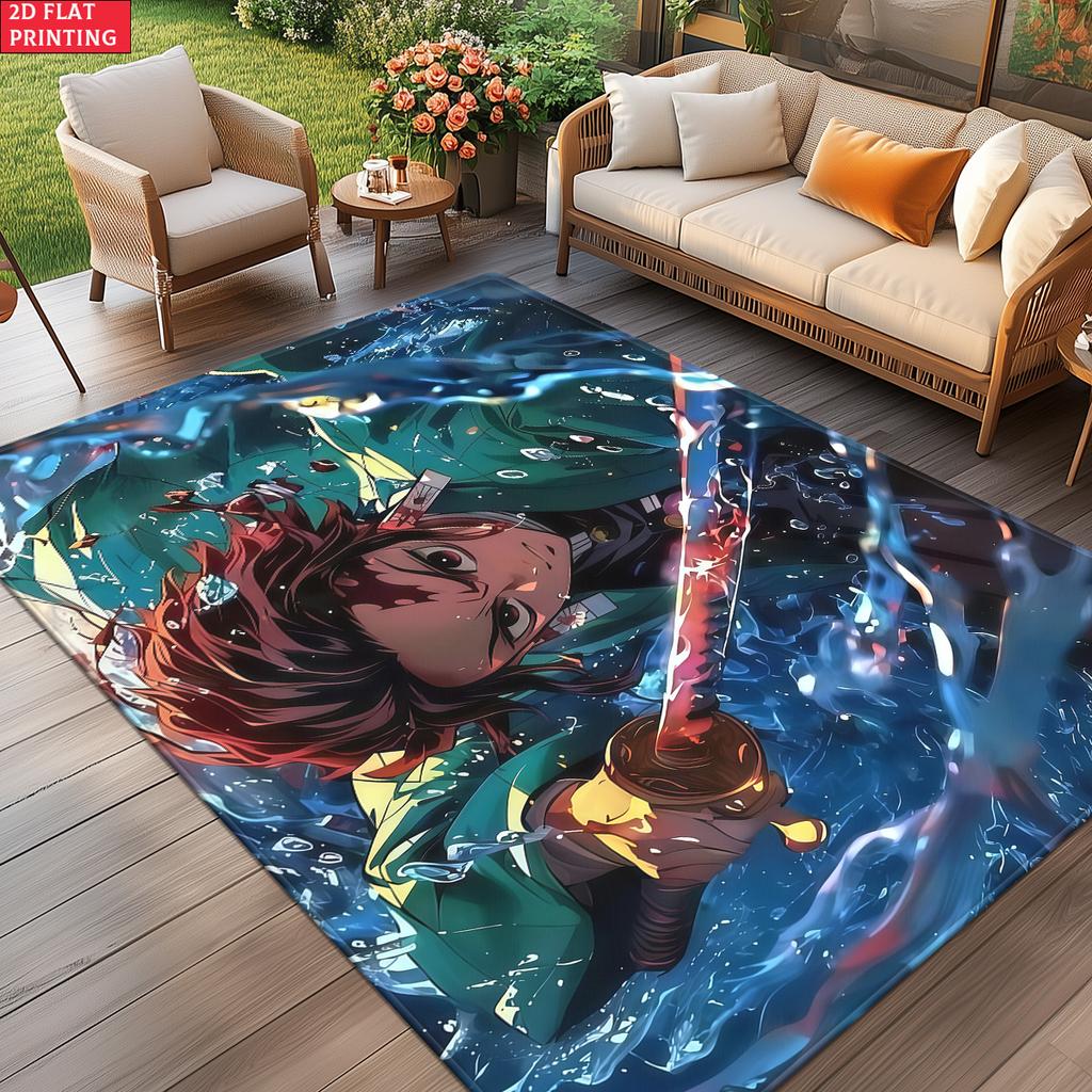 Anime Swordsman Area Rug, Water Theme Floor Mat, Decorative Carpet for Gaming Room Bedroom Living Room, Washable Home Decor Gift