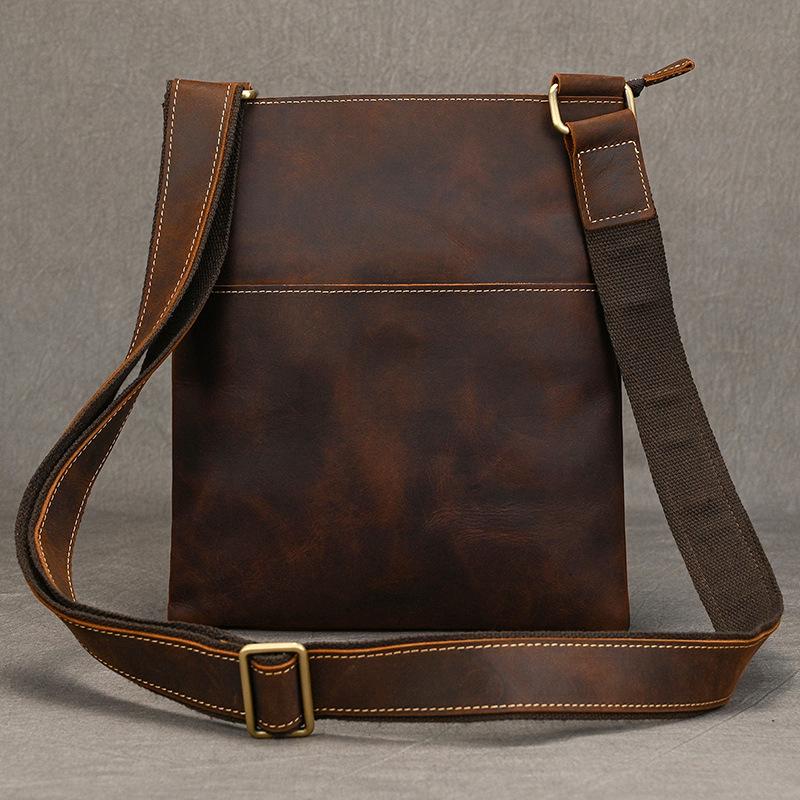 Borsa a Spalla in Pelle Crazy Horse Retrò Piccola Borsa a Spalla in Vera Pelle Semplice Borsa a Tracolla in Pelle di Vacchetta Primo Strato Uomo