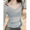 V-neck Slightly See-through Inner Knitwear Women Early Spring Autum Tshirt Slim Sweet Pink Bottoming Top