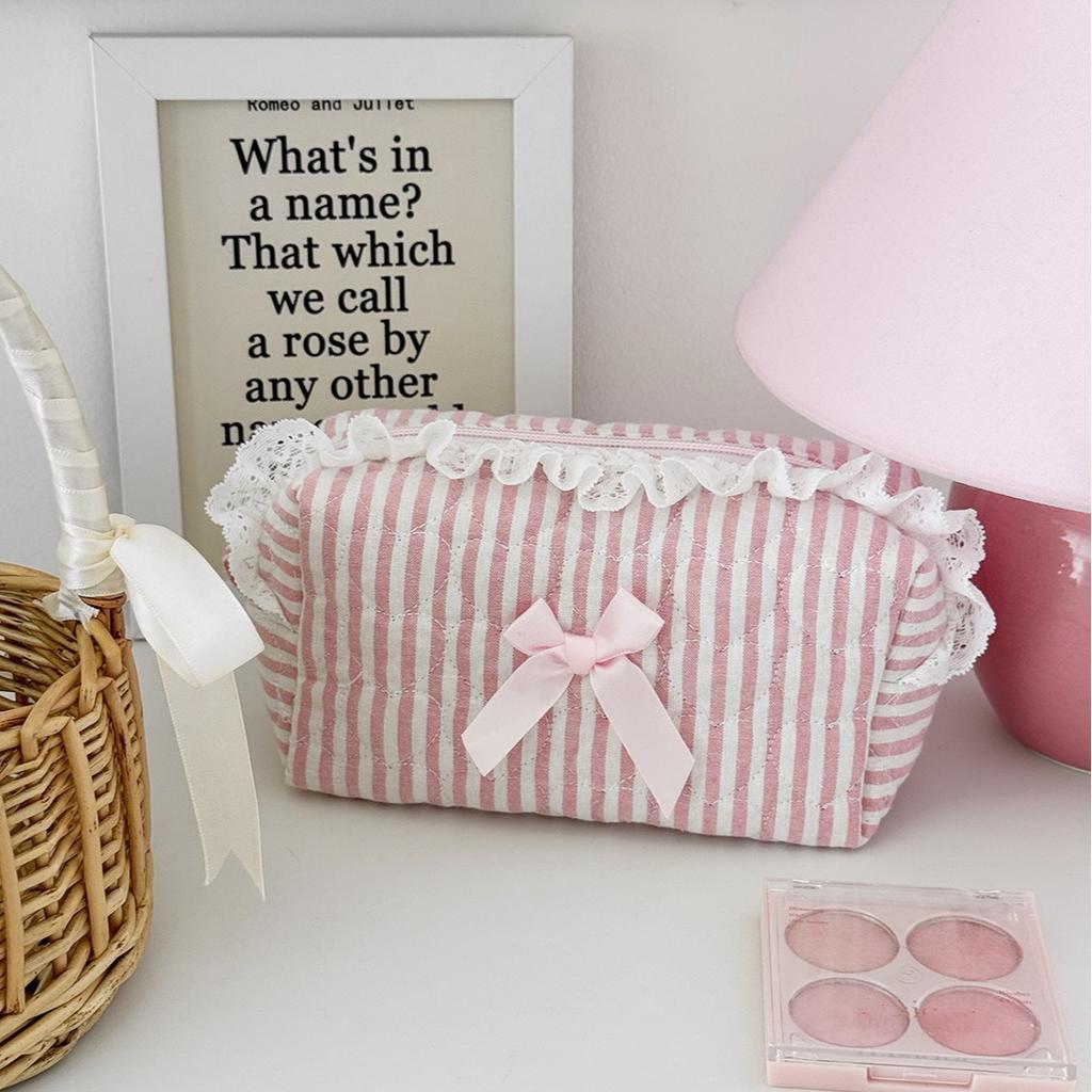 Cute Pink Striped Lace Makeup Pouch Aesthetic Ins Style Makeup Bag for Girls Teens Cosmetic Organizer Kawaii Pencil Case