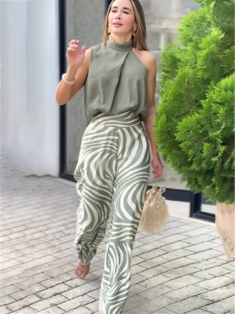 Summer New Sleeveless Vest Top Zebra Print Wide Leg Pants Fashion Two Piece Set Women's Clothing