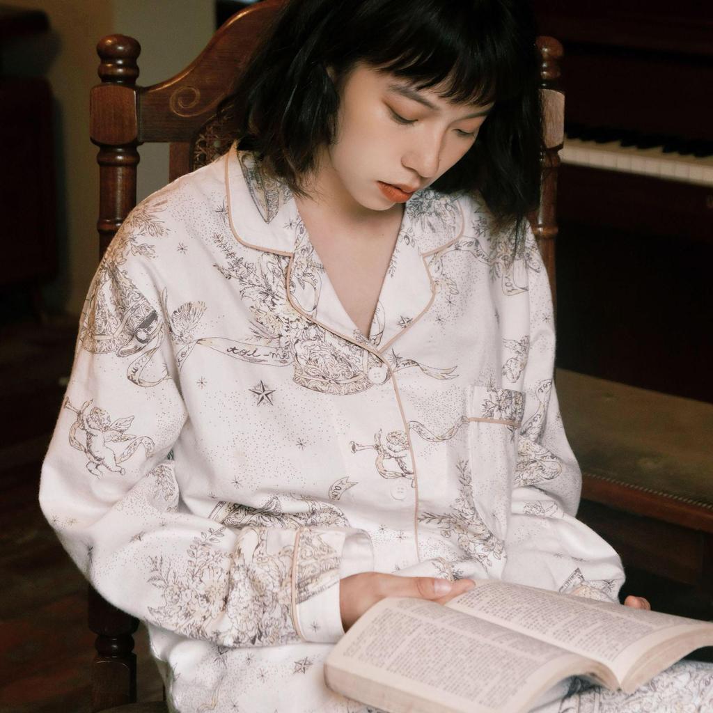 Women's Brushed Cotton French Pajamas - Comfy, Loose-Fit Long Sleeve Set for Spring & Autumn