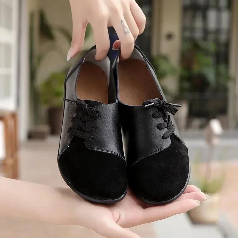 Women Leather Moccasins Flats Shoes Woman Sneakers Lace-Up Casual Ladies Driving Shoes Round Toe PU Loafers Zapatos De Mujer