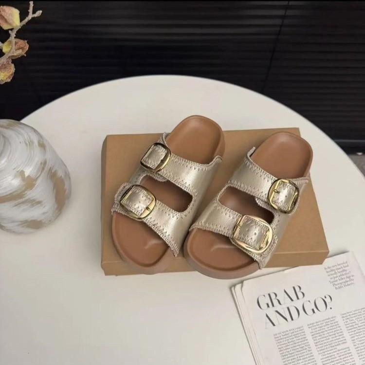 

Женские тапочки 2025 Новая летняя мода Уличные пляжные сандалии Пряжка Удобные Нескользящие Женские тапочки Sandalias De Mujer 35 золотой