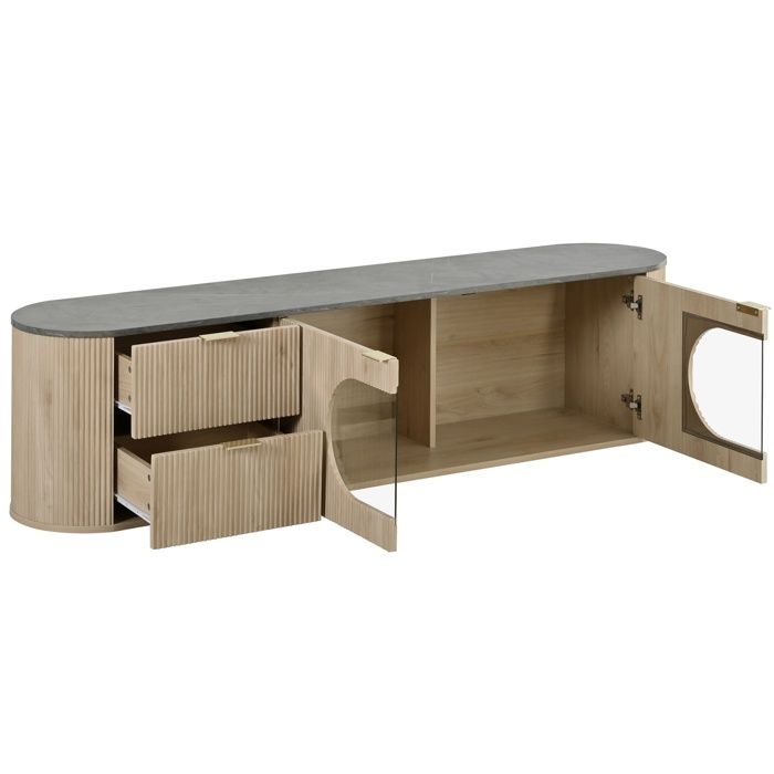 Mobile TV 172 cm – Ante 3D Texturizzate, Vetrina in Vetro, Scomparti con Cassetti e Ante - 172x38x45.5 cm - naturale